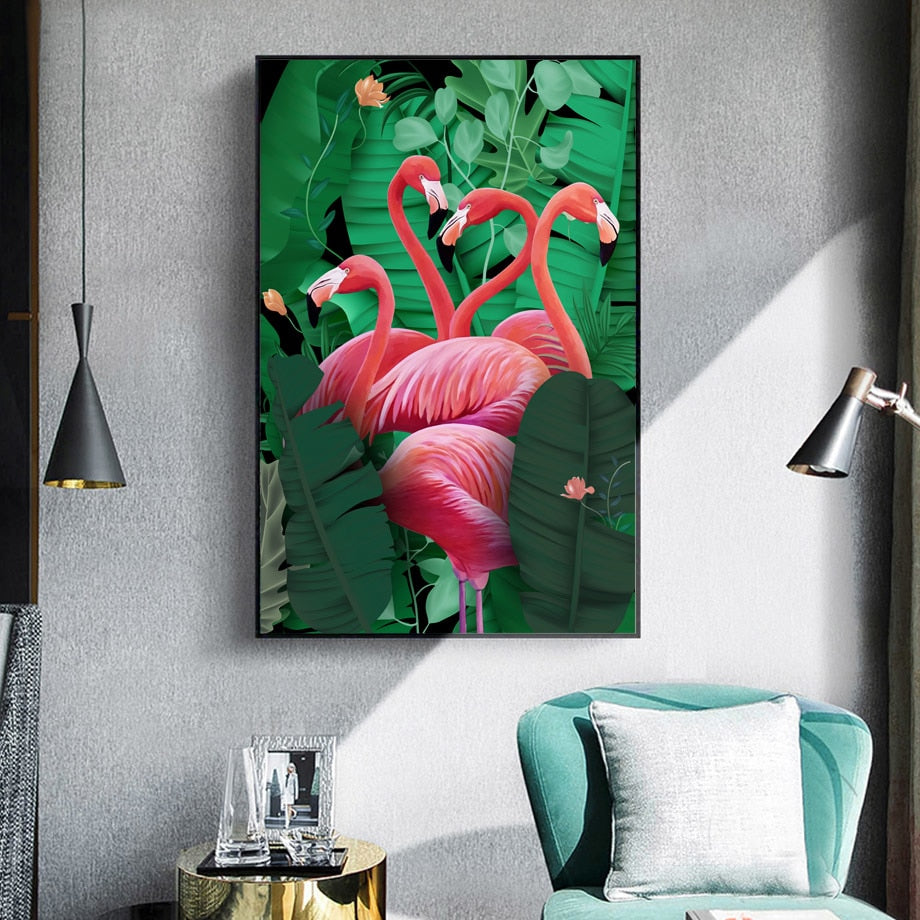 Red Flamingo On Green Palm Leaves Wall Art Canvas - Nice & Cool
